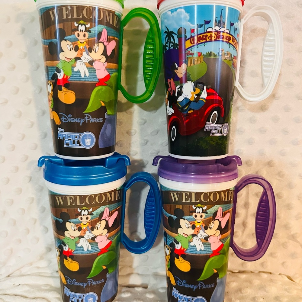 Disney Parks Welcome Mug Set with Green, Blue, Purple, and White Handles